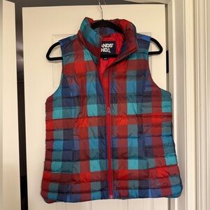 Lands’ End Women's Plaid Down Puffer Vest Size S Red Blue Full Zip